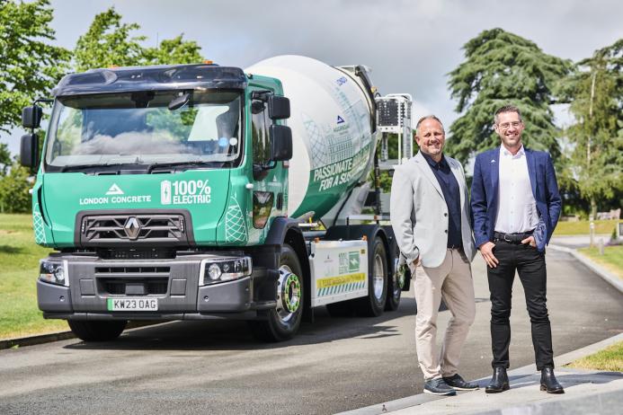 L-R: Danny King, managing director of London Concrete, and Lee Sleight, managing director of Aggregate Industries Readymix Concrete, with the new electric truckmixer